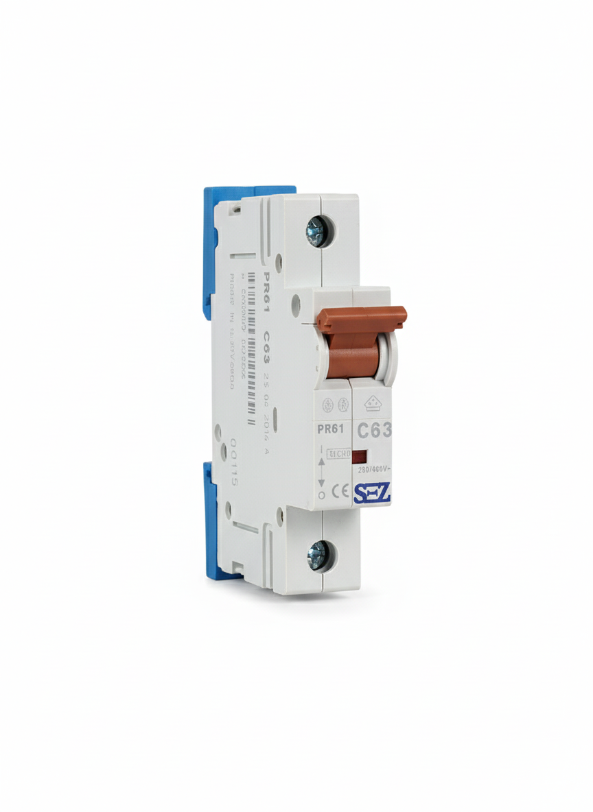 PR61 C63 کلید مینیاتوری تک پل 63 آمپر موتوری 10KA